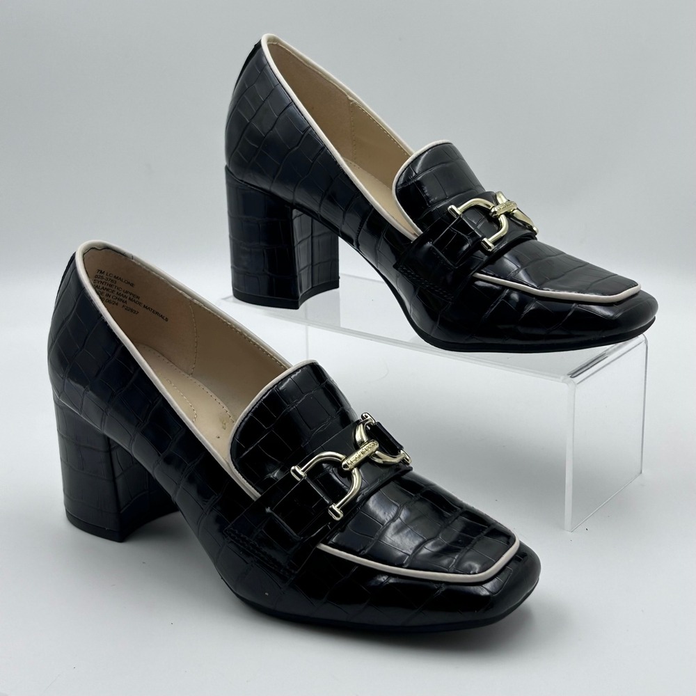 Liz Claiborne Heeled Loafers 7 Black Croc Embossed Horsebit‎ Preppy Officecore